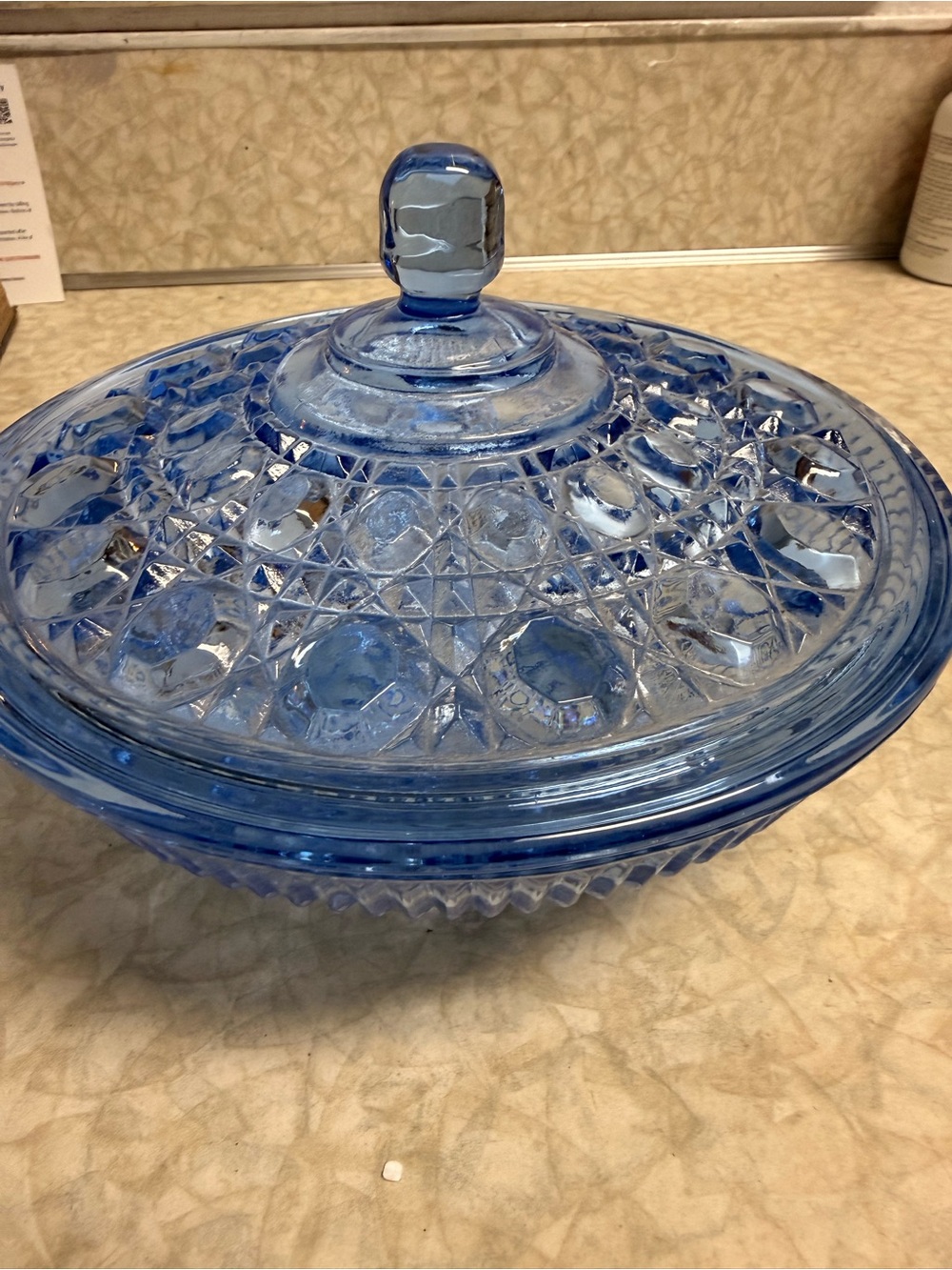 Blue Pressed Glass Covered Serving Bowl - Home Dining